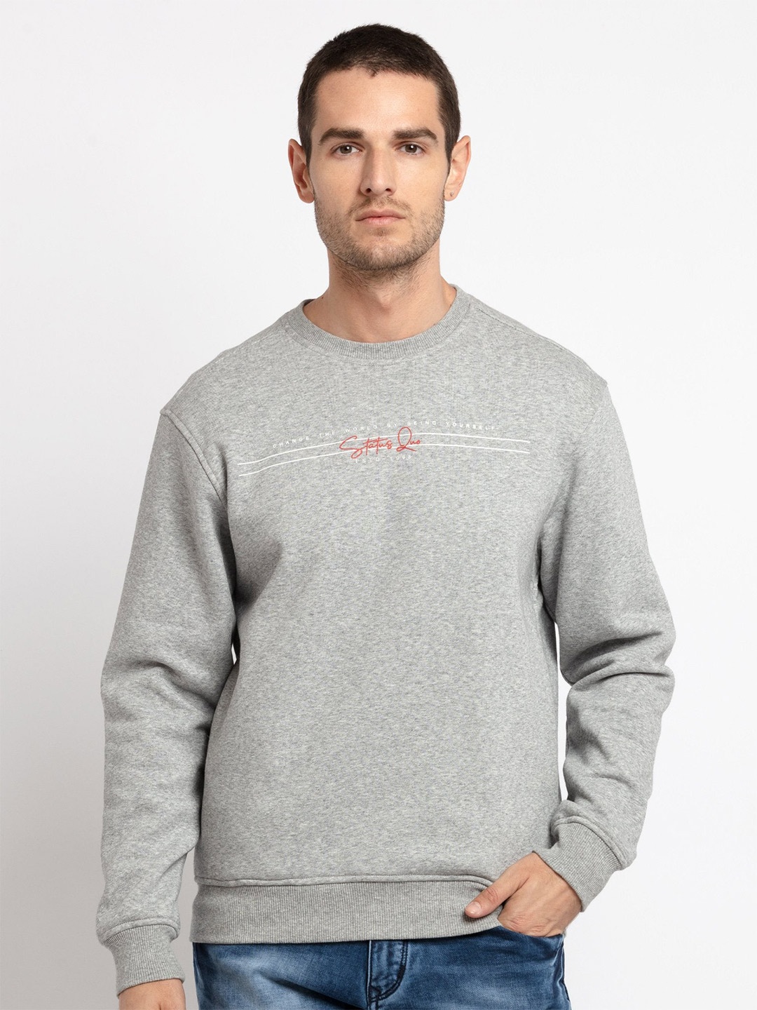 

Status Quo Men Grey Solid Cotton Sweatshirt