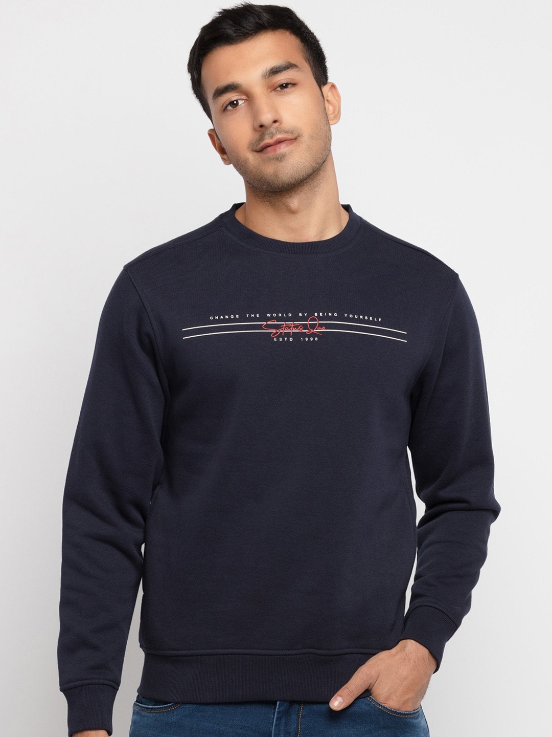 

Status Quo Men Navy Blue Solid Sweatshirt