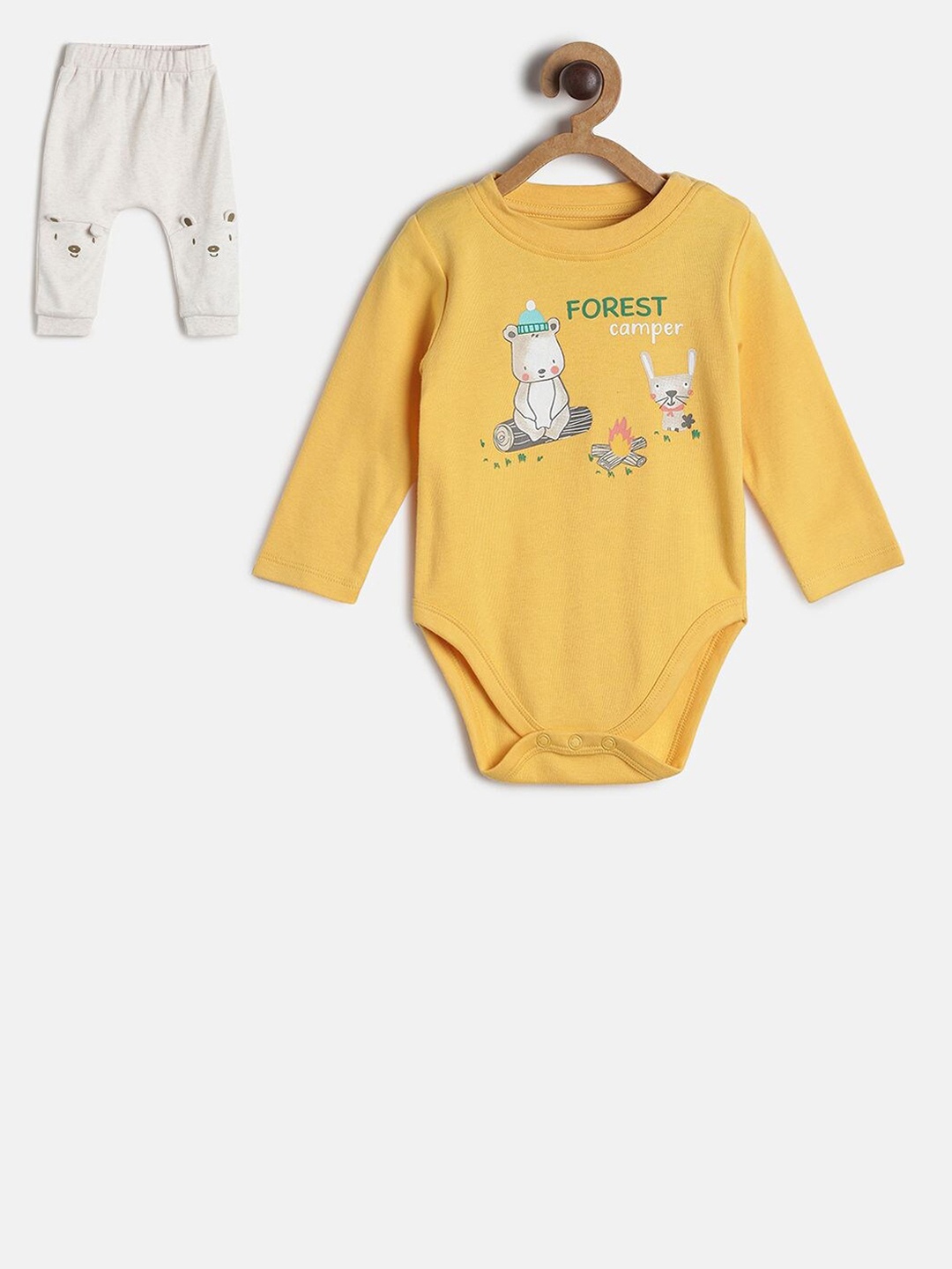 

MINI KLUB Infant Boys Yellow & Off White Printed Pure Cotton Bodysuit with Pyjama Set