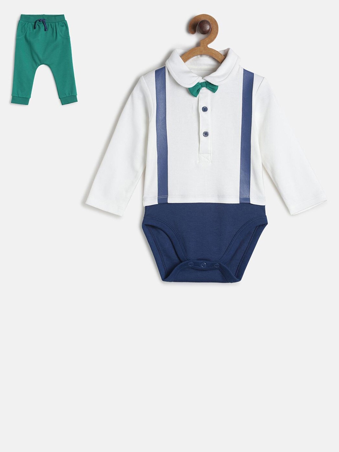 

MINI KLUB Infant Boys White & Green Colourblocked Pure Cotton Bodysuit with Jogger Set