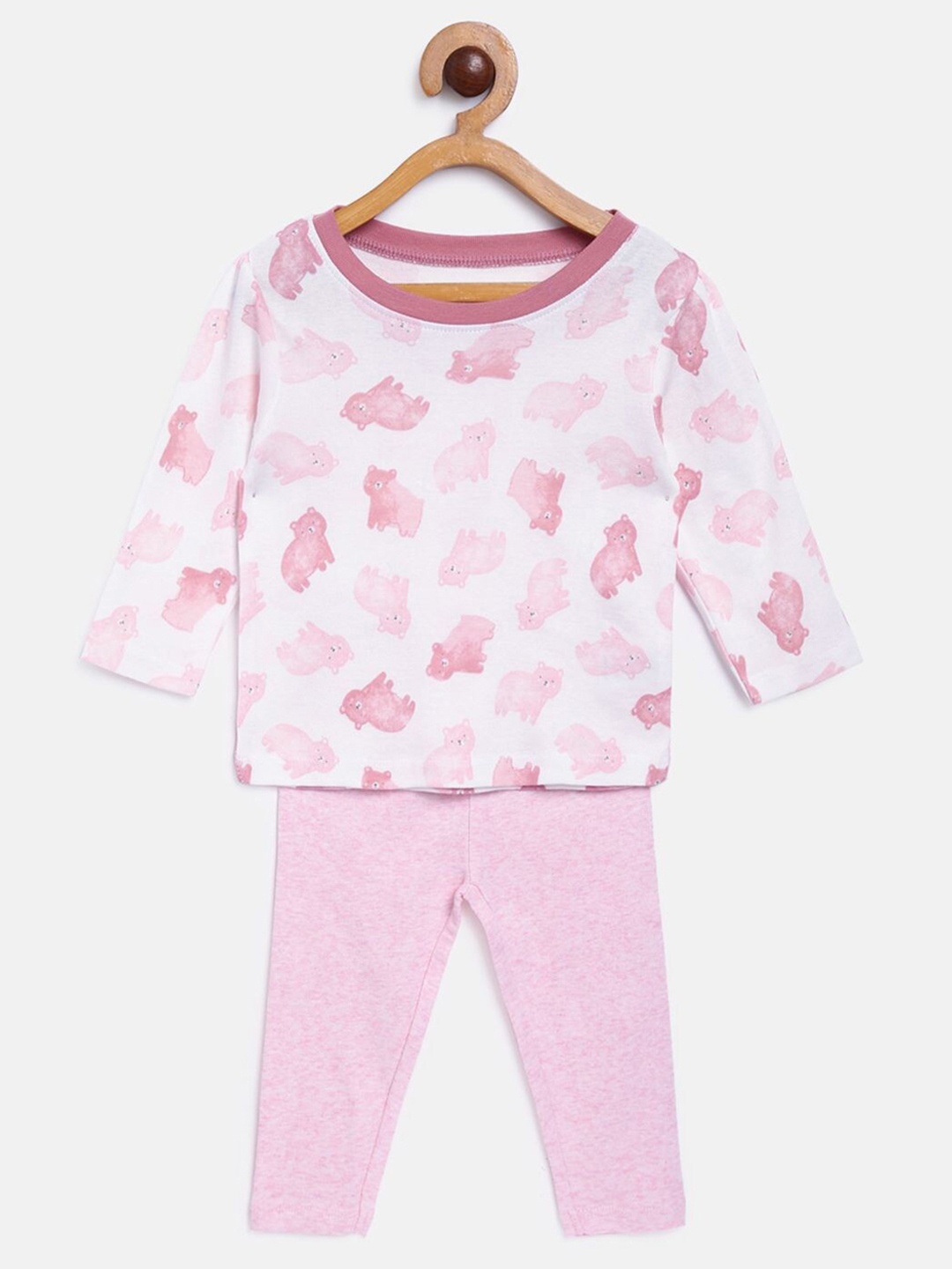 

MINI KLUB Girls Pink & White Printed Pure Cotton T-shirt with Pyjamas