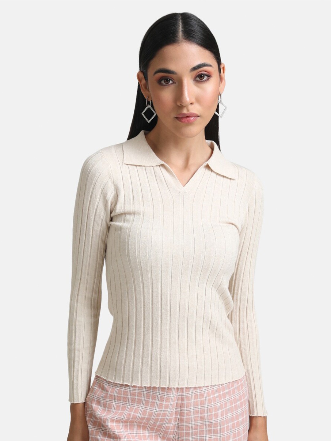

Kazo Women Beige Ribbed Pullover
