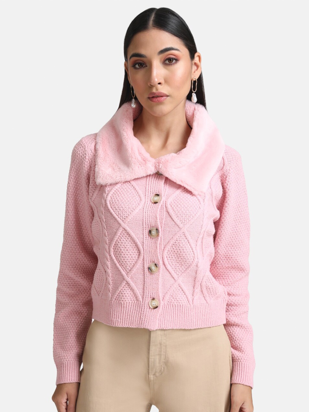 

Kazo Women Pink Cable Knit Crop Pullover