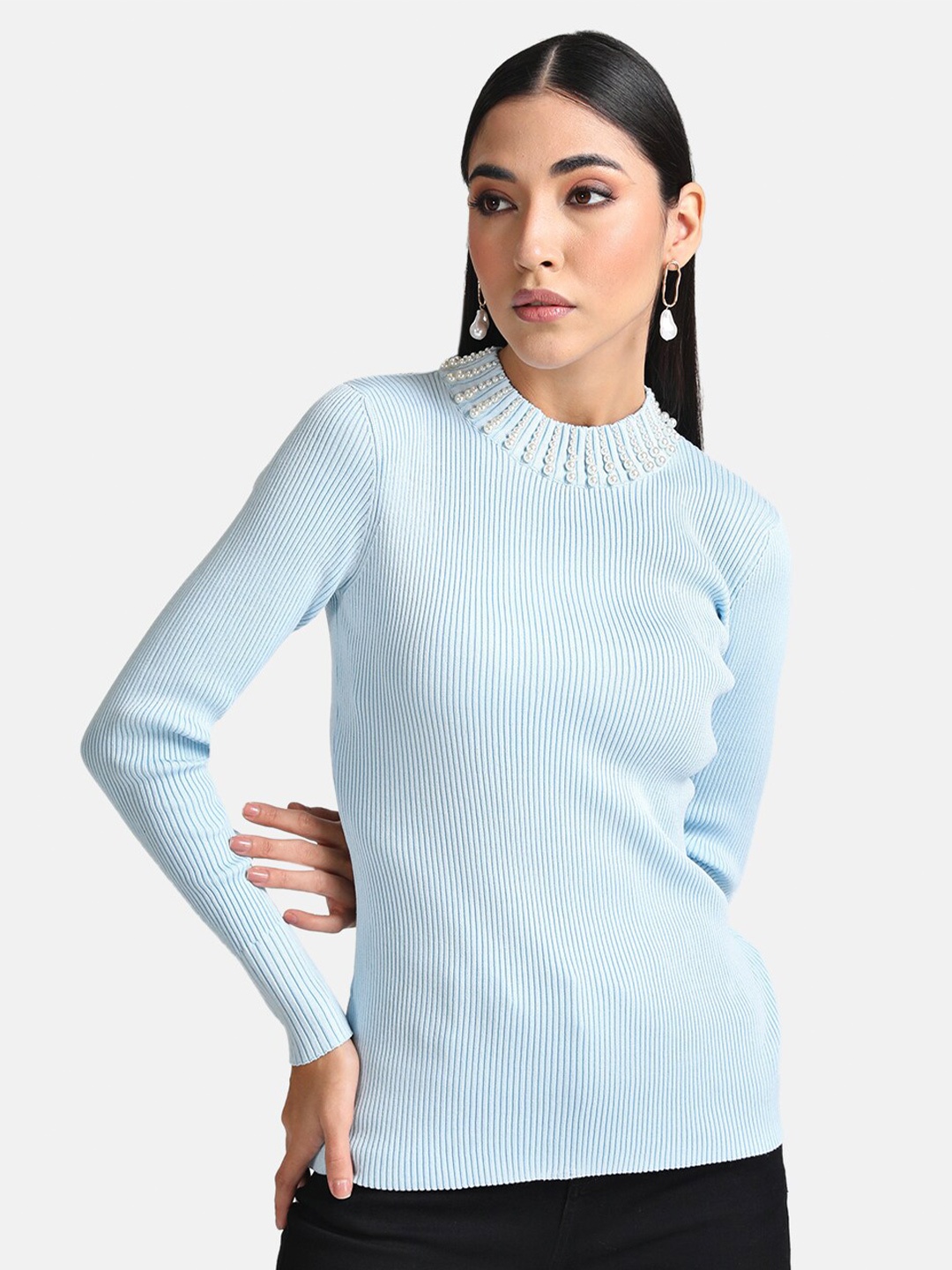 

Kazo Women Blue & White Ribbed Pullover with Embellished Detail