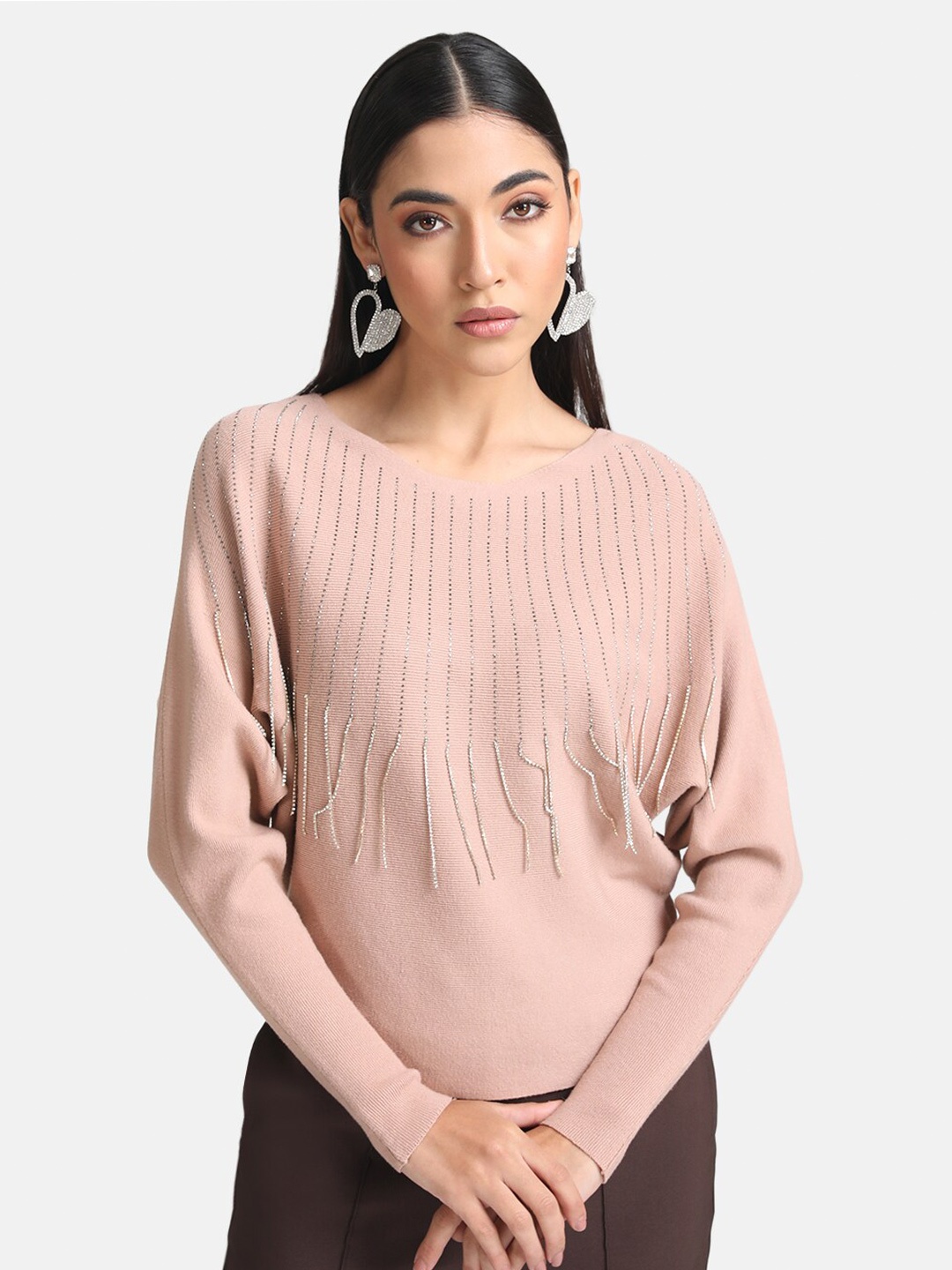 

Kazo Women Pink Ribbed Pullover with Fringed Detail