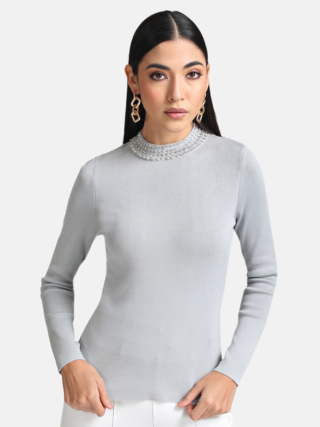 

Kazo Women Grey Embellished Pullover Sweater