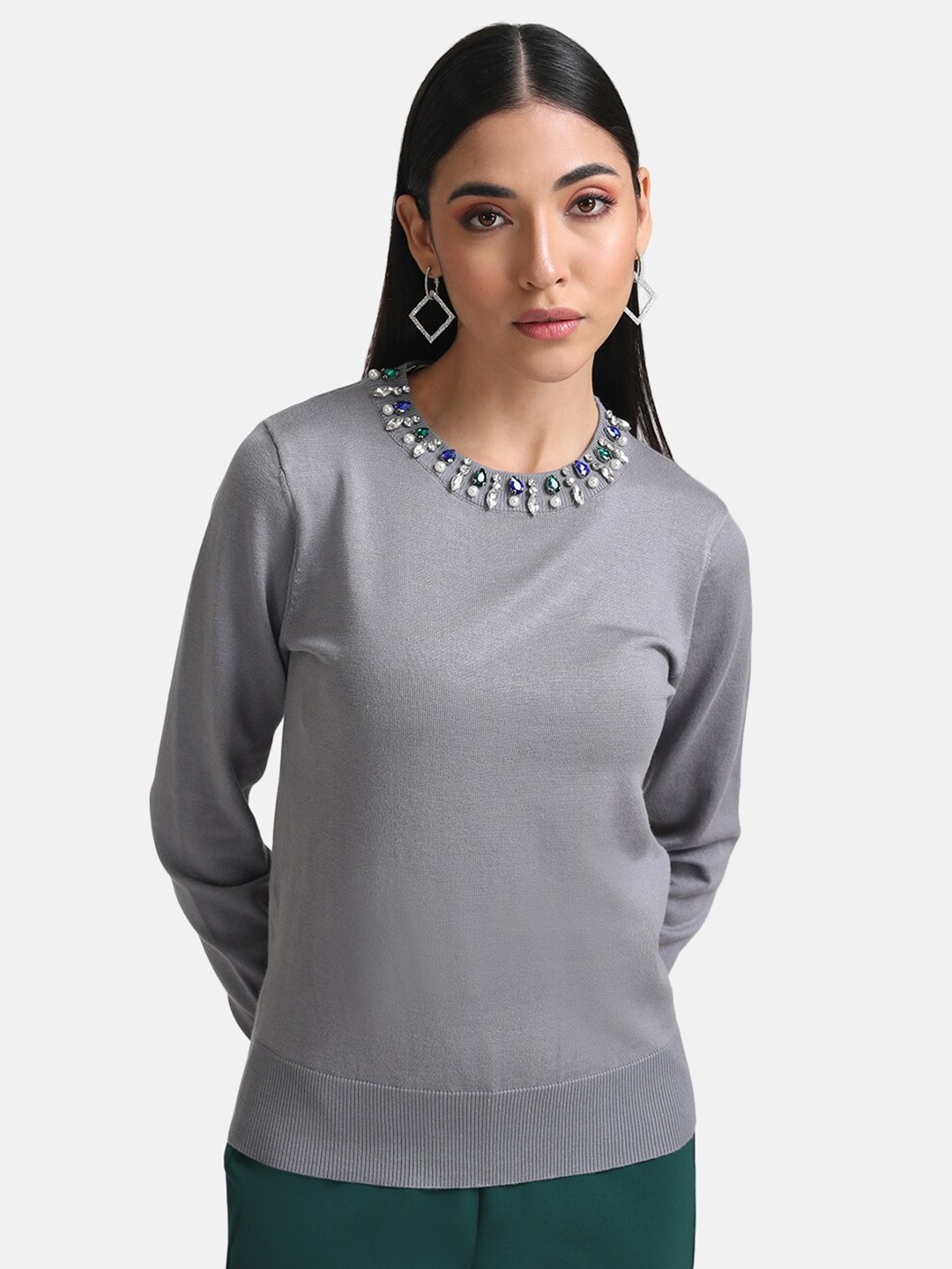 

Kazo Women Grey Solid Pullover with Embellished Detail