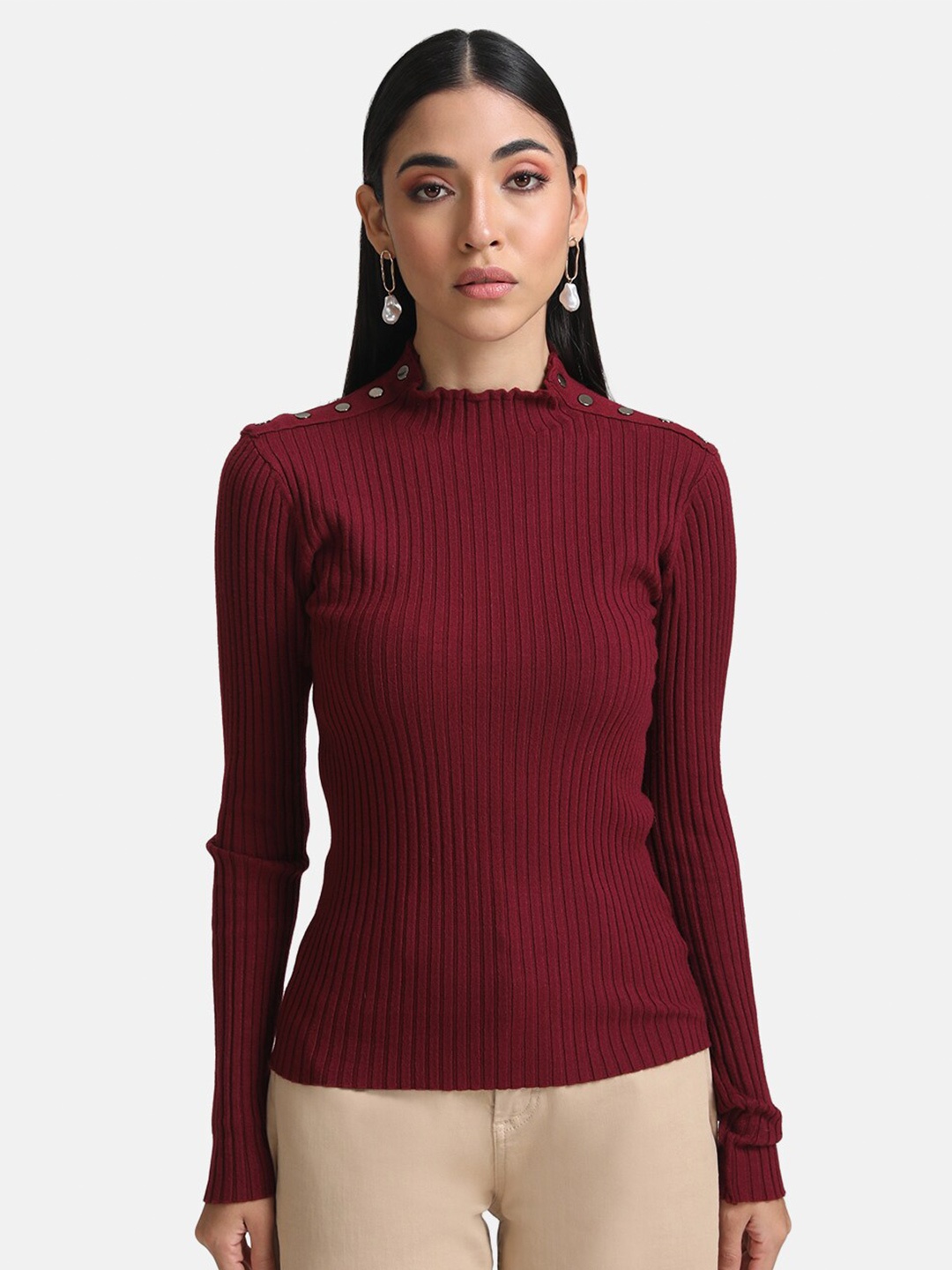 

Kazo Women Maroon Ribbed Mock Collar Pullover