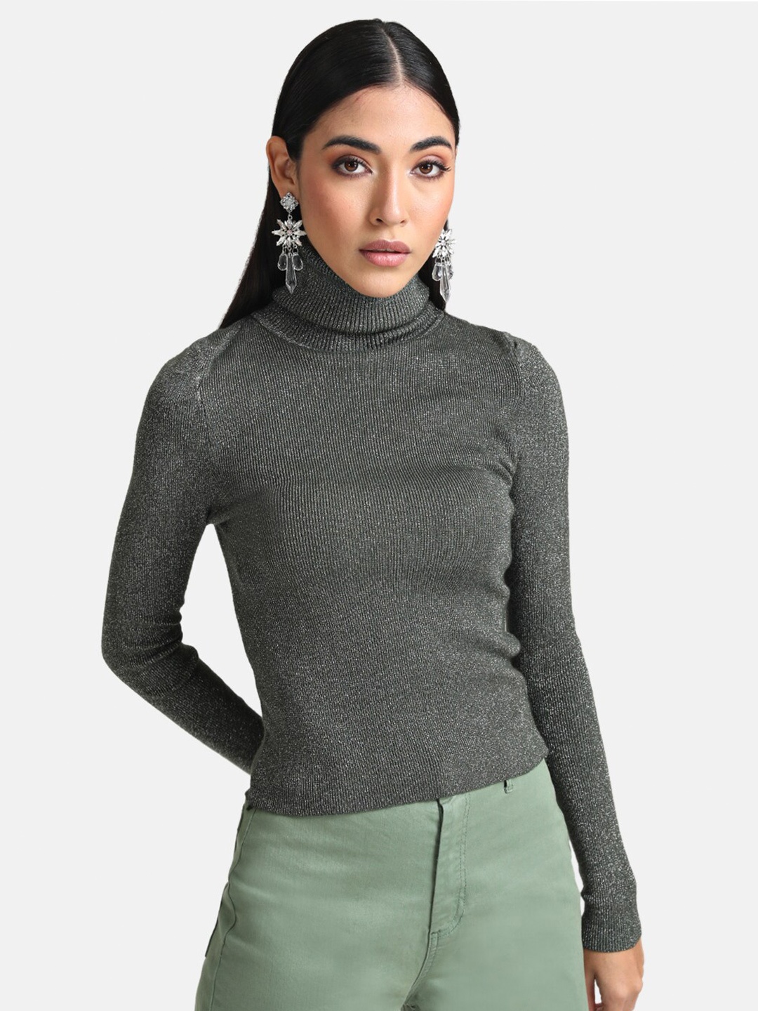 

Kazo Women Olive Green Turtle Neck Pullover