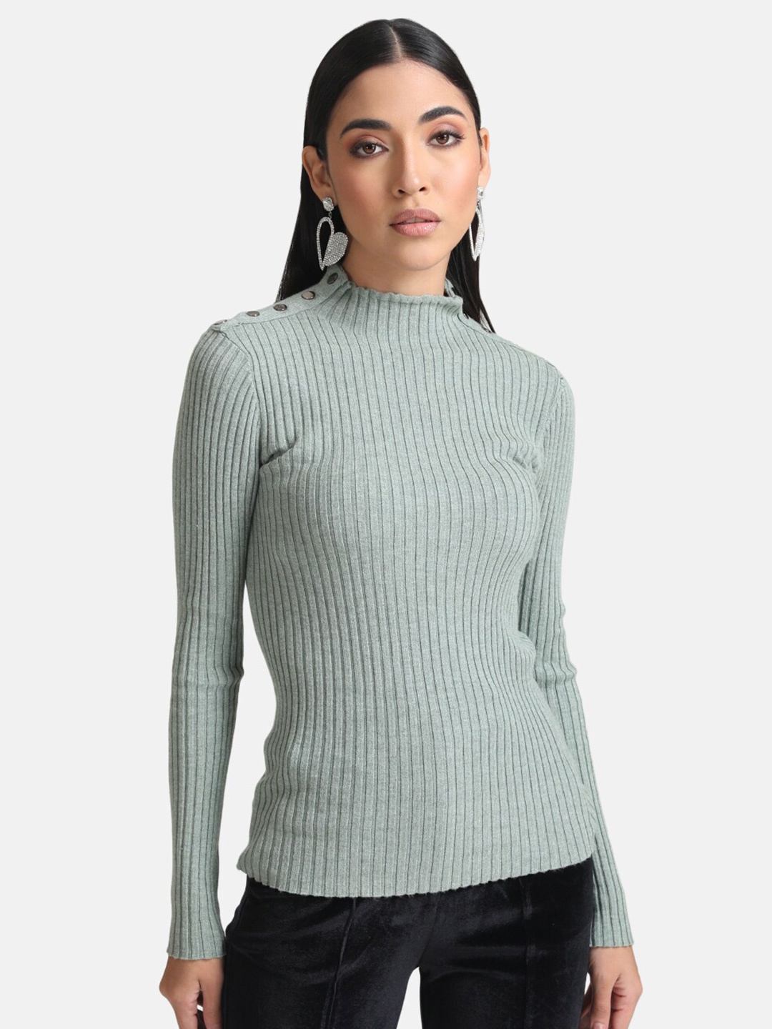 

Kazo Women Green Ribbed Pullover