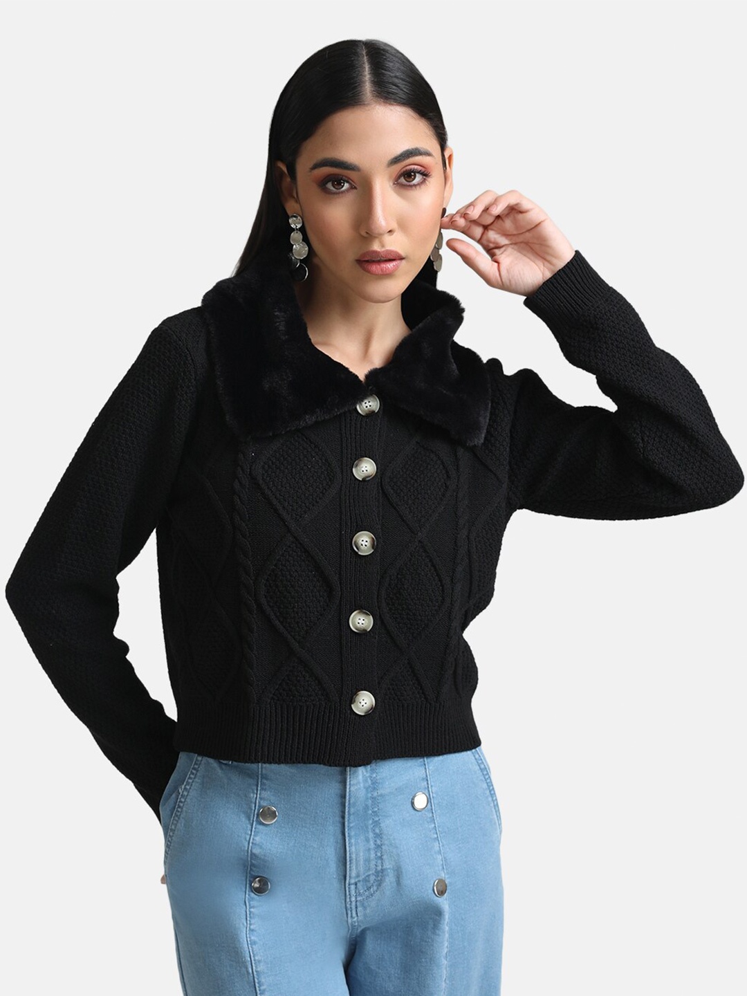 

Kazo Women Black Cable Knit Cardigan with Embellished Detail