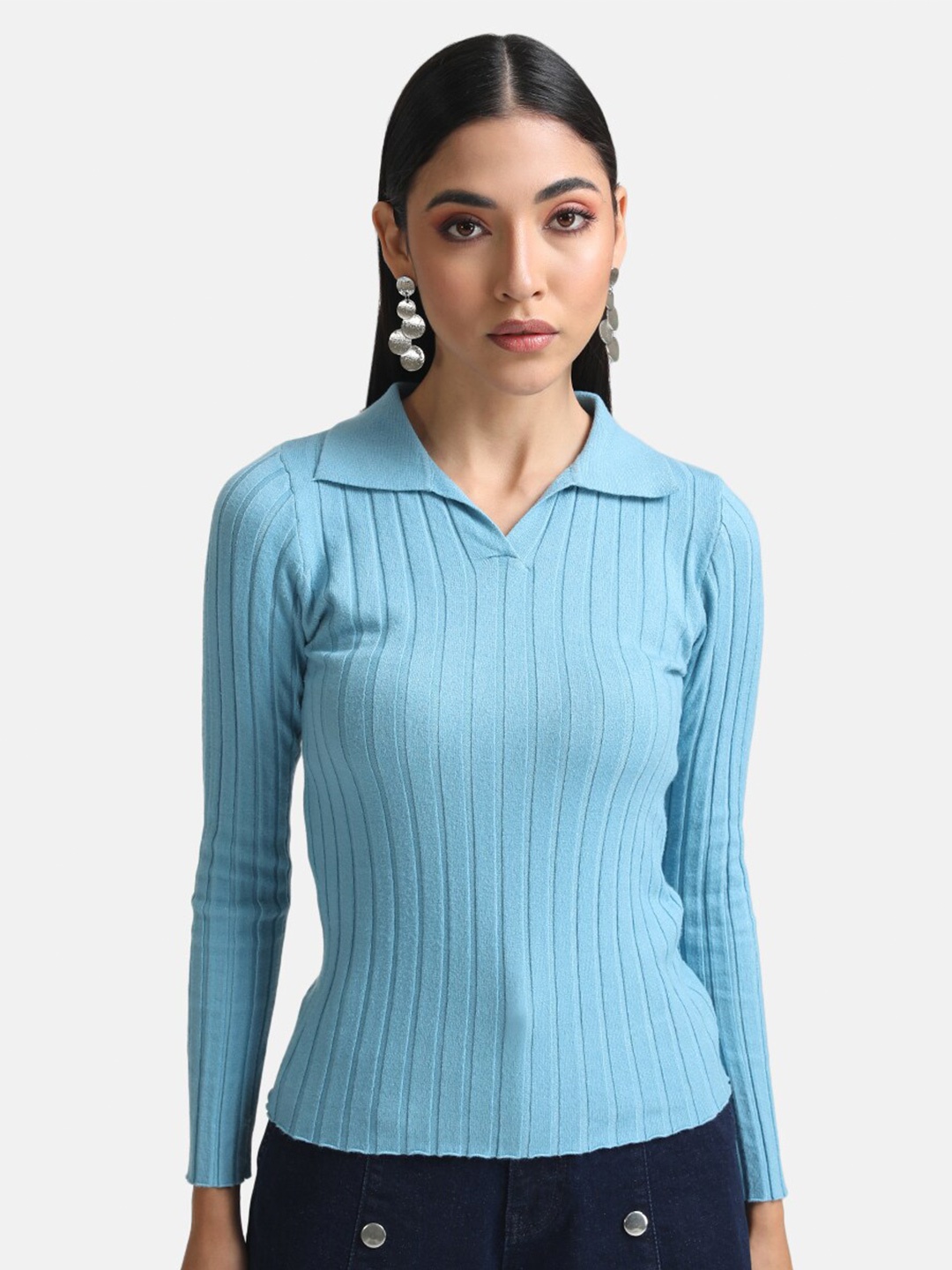 

Kazo Women Blue Ribbed Pullover