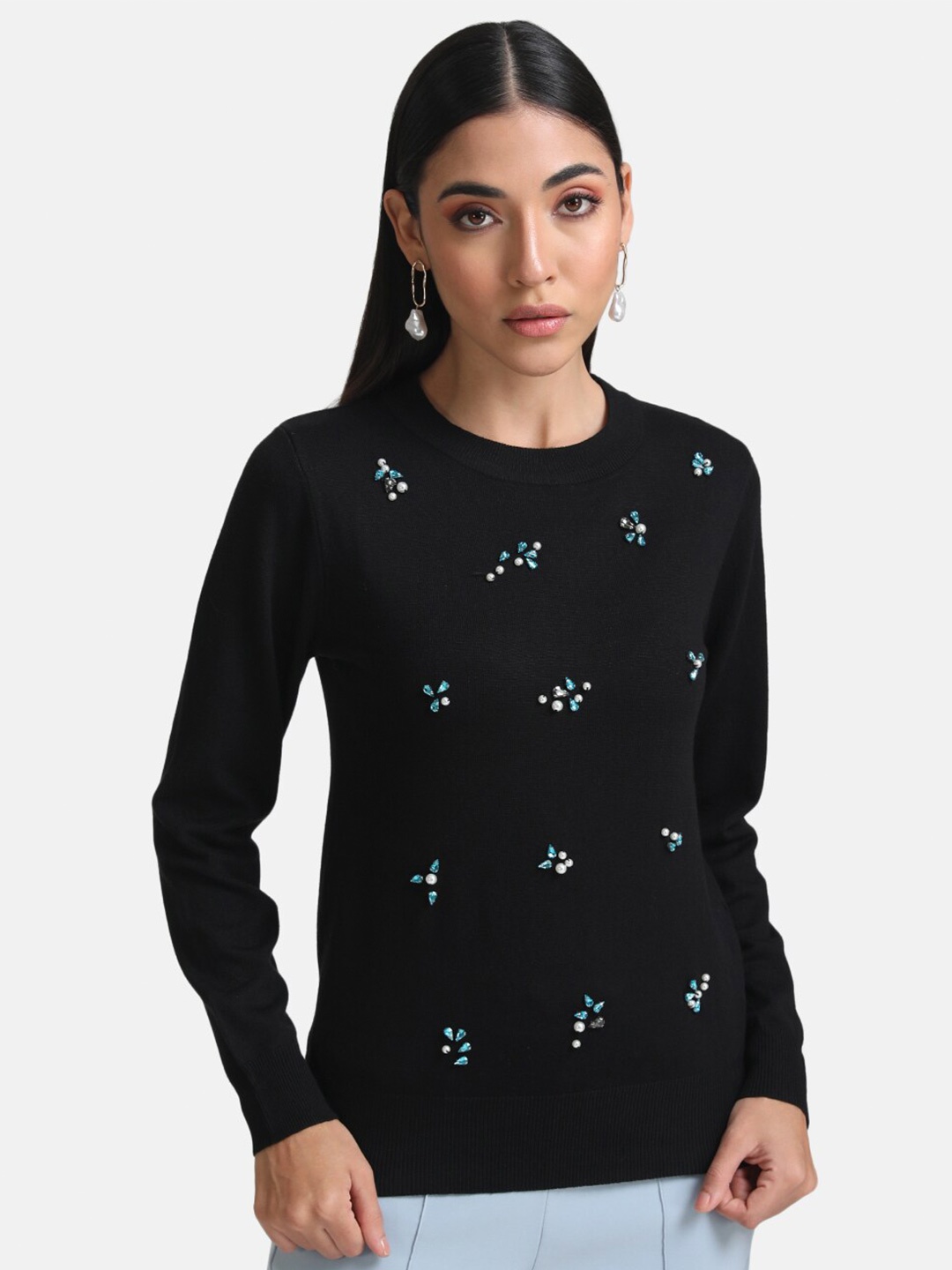 

Kazo Women Black & White Embroidered Pullover with Embellished