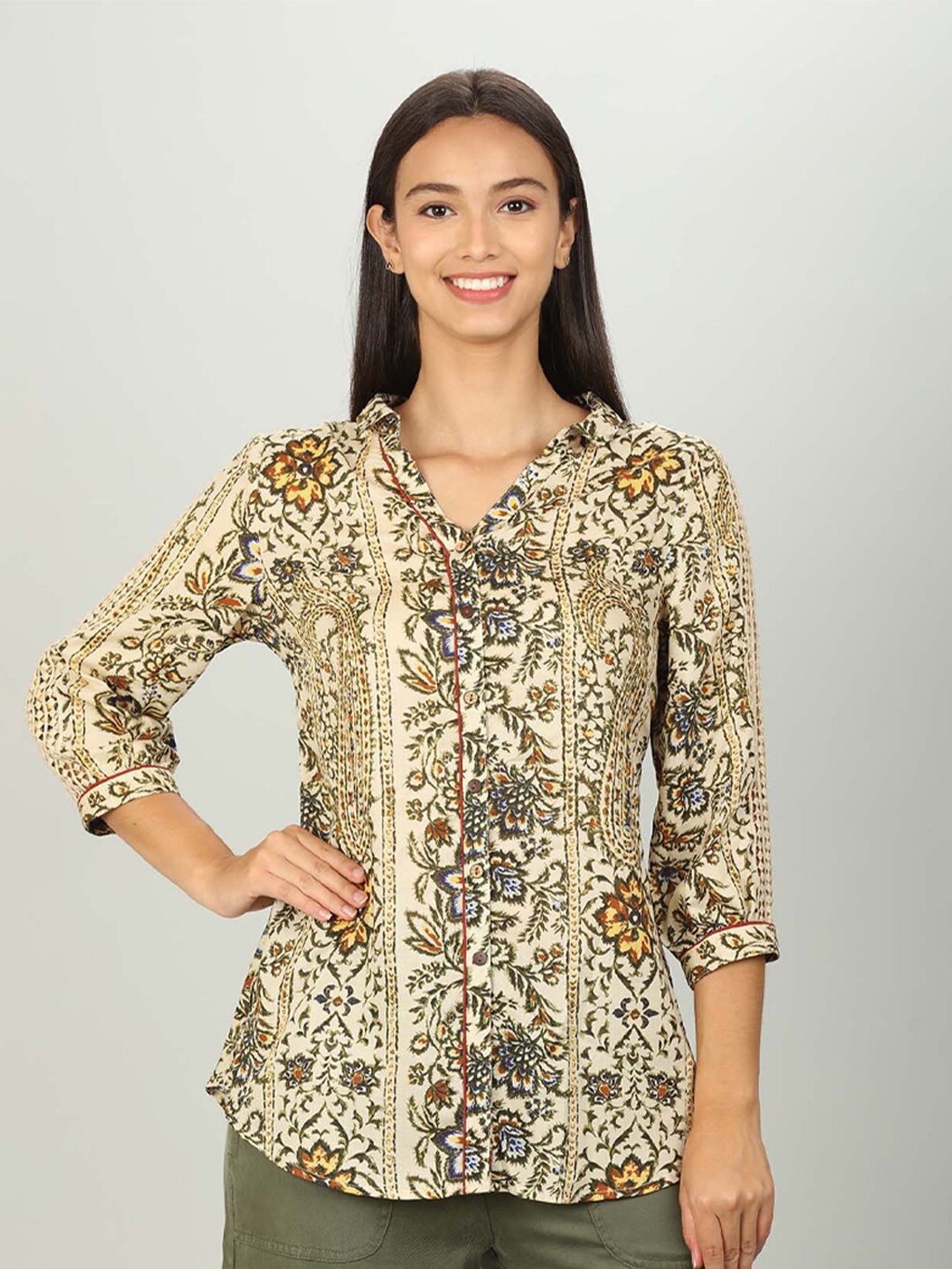 

Mustard Women Beige & Green Floral Printed Modal Casual Shirt