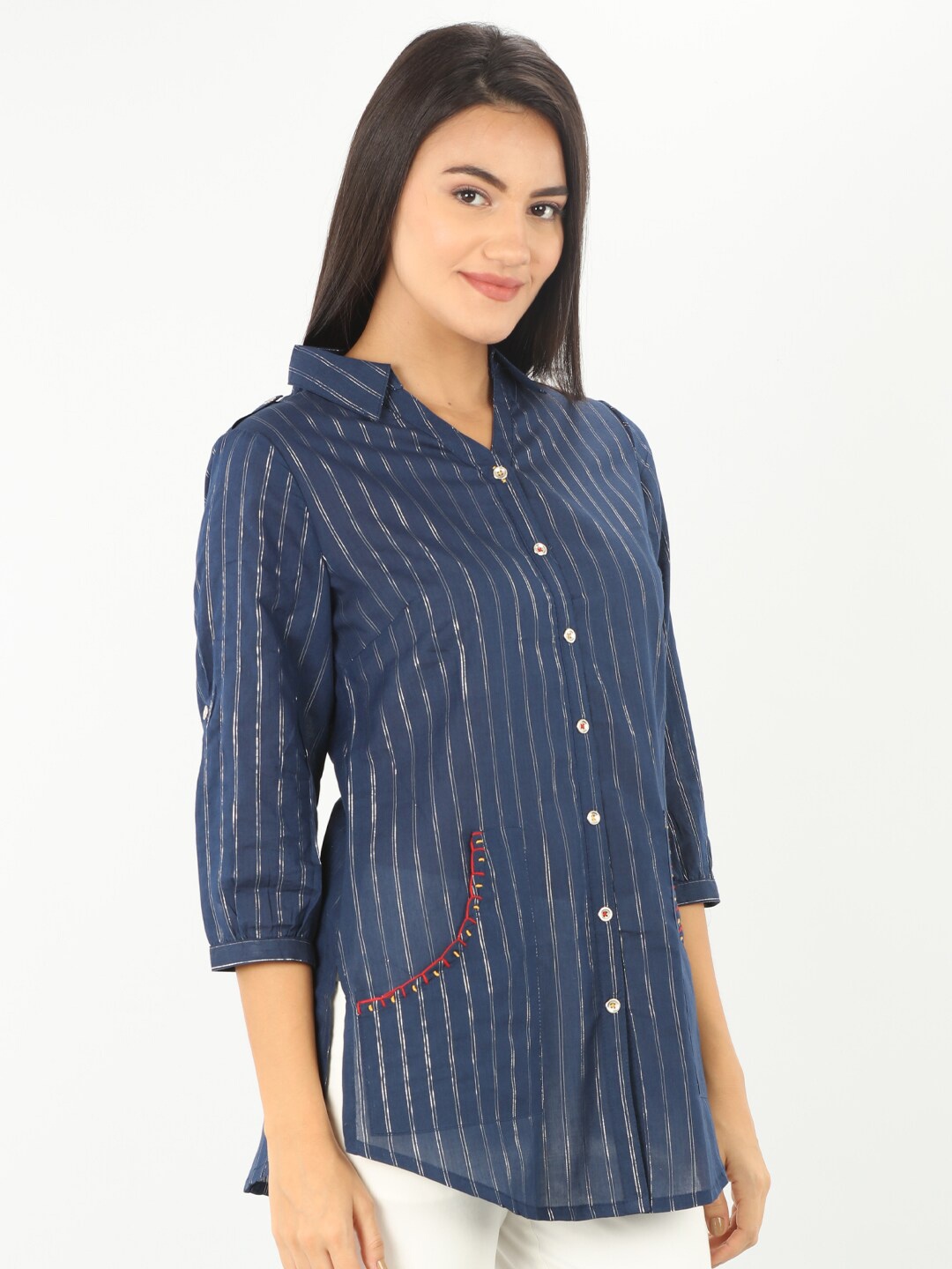 

Mustard Women Blue Striped Casual Shirt