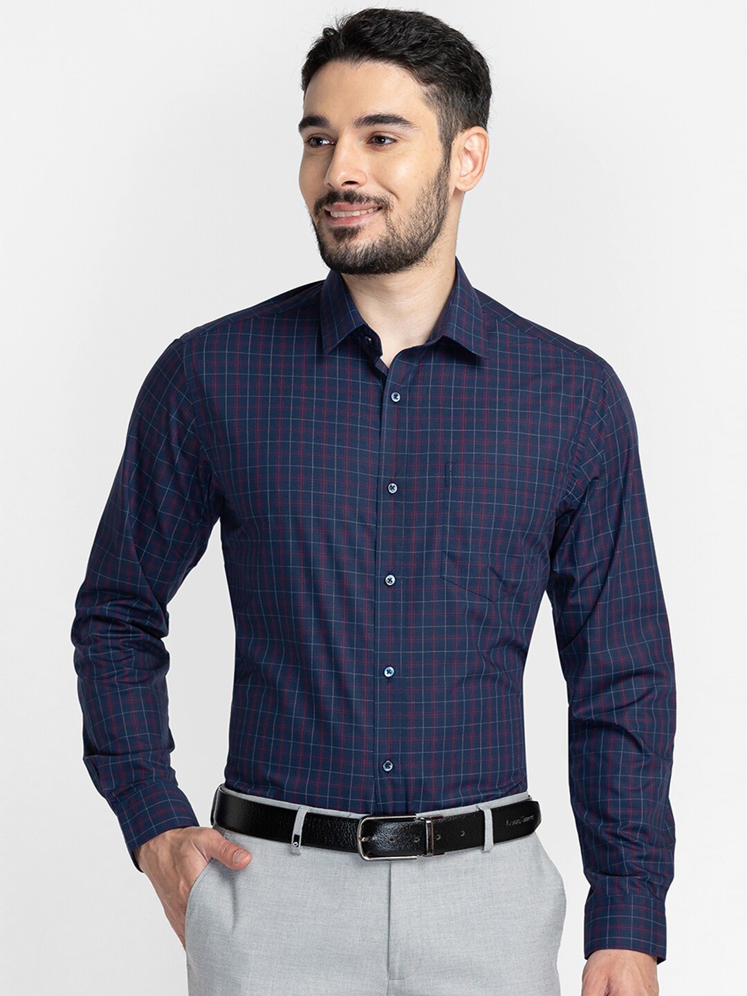 

Oxemberg Men Navy Blue Classic Slim Fit Grid Tattersall Checked Formal Shirt