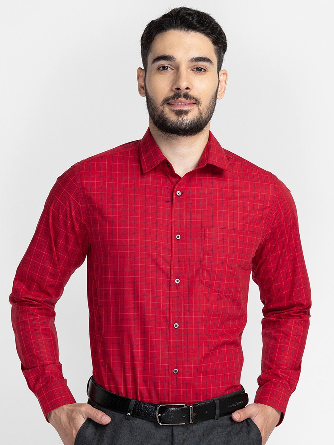 

Oxemberg Men Red Classic Slim Fit Grid Tattersall Checked Formal Shirt