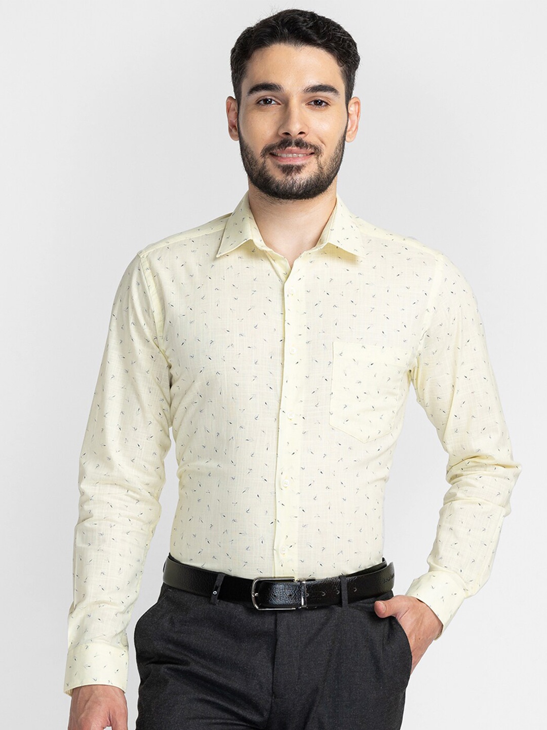 

Oxemberg Men Classic Slim Fit Printed Formal Cotton Shirt, Yellow