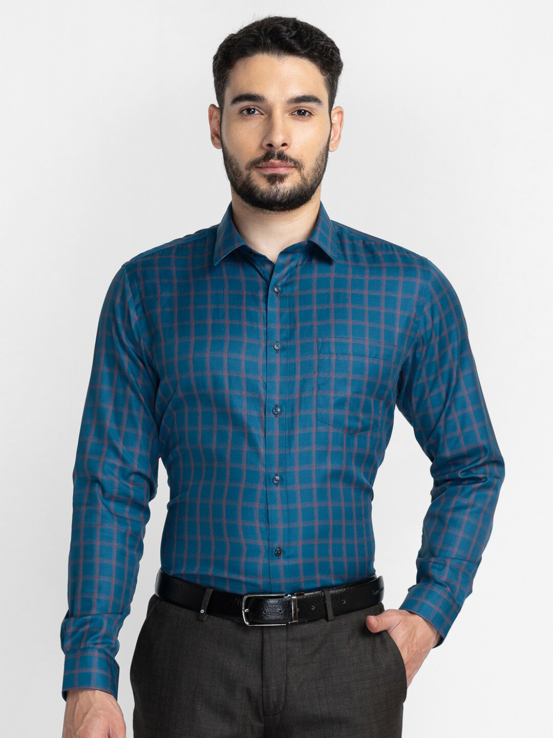 

Oxemberg Men Classic Slim Fit Checked Formal Cotton Shirt, Teal