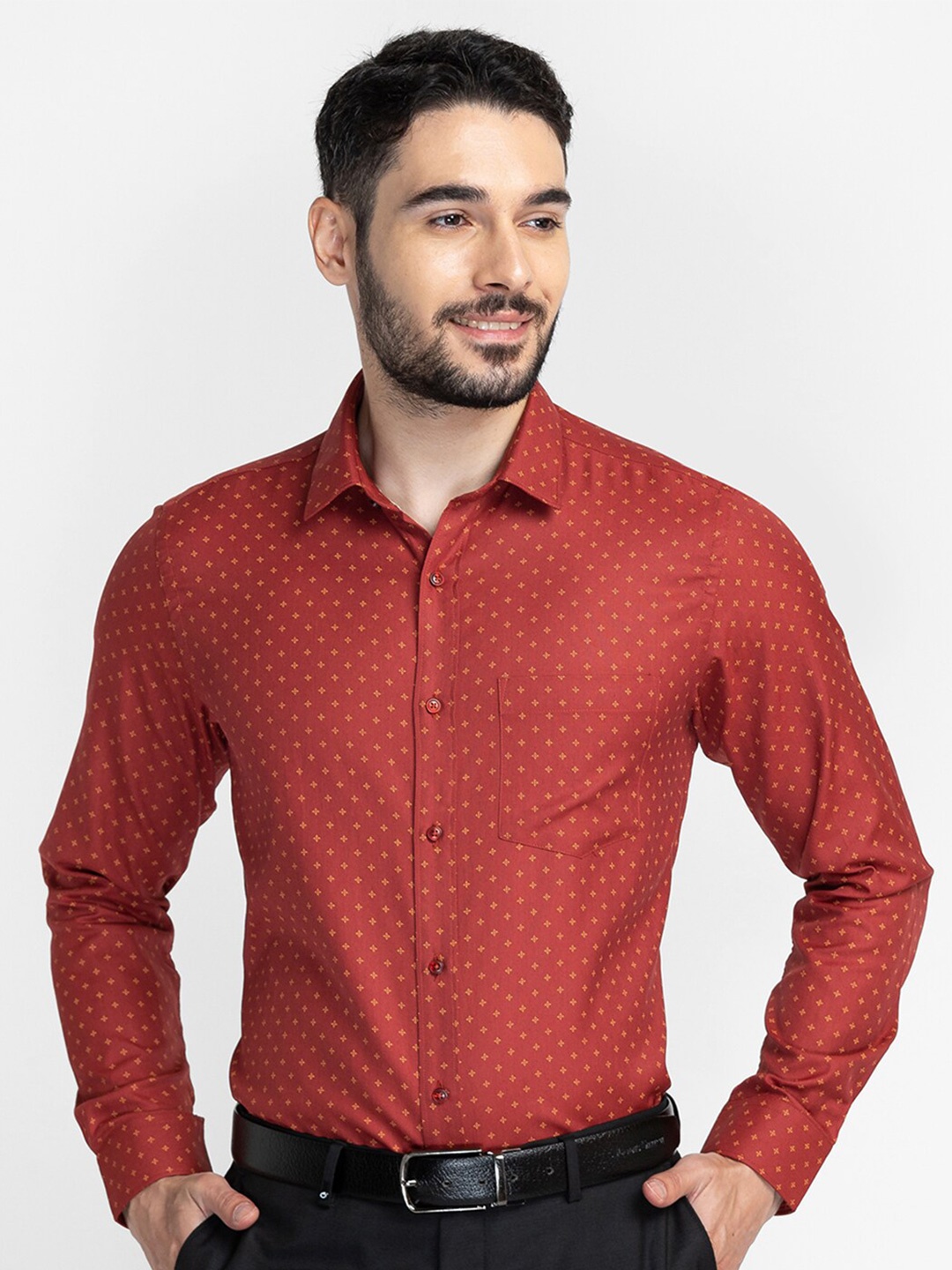 

Oxemberg Men Classic Slim Fit Printed Formal Cotton Shirt, Maroon