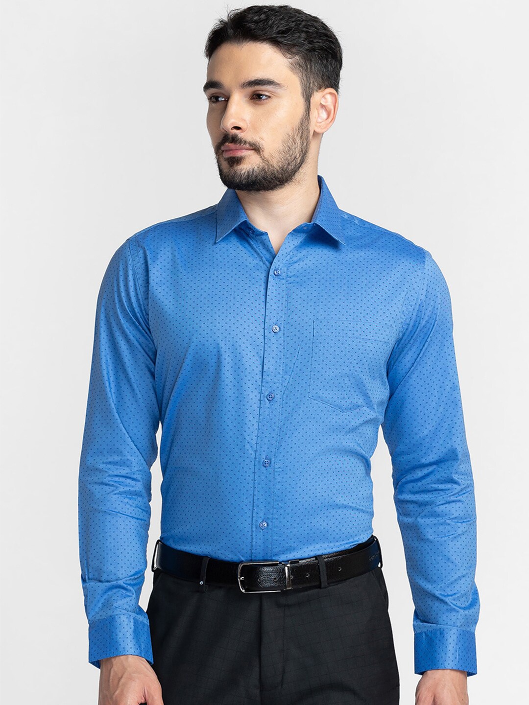 

Oxemberg Men Blue Classic Slim Fit Printed Cotton Formal Shirt