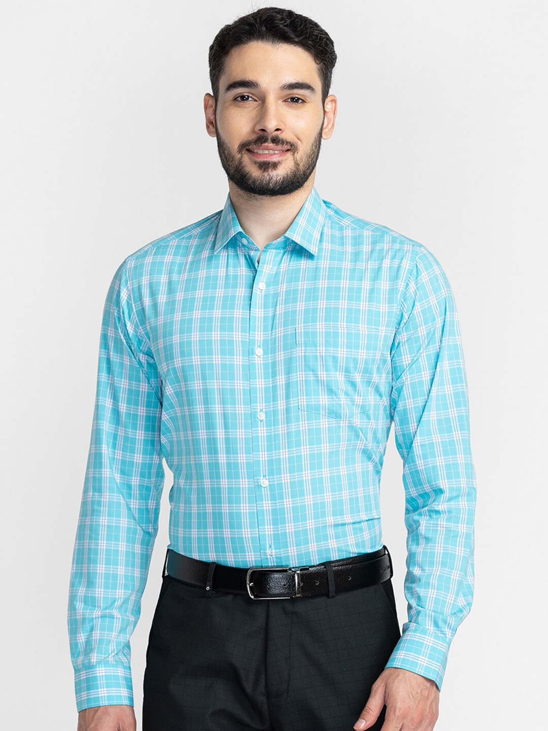 

Oxemberg Men Blue Classic Slim Fit Checked Formal Shirt