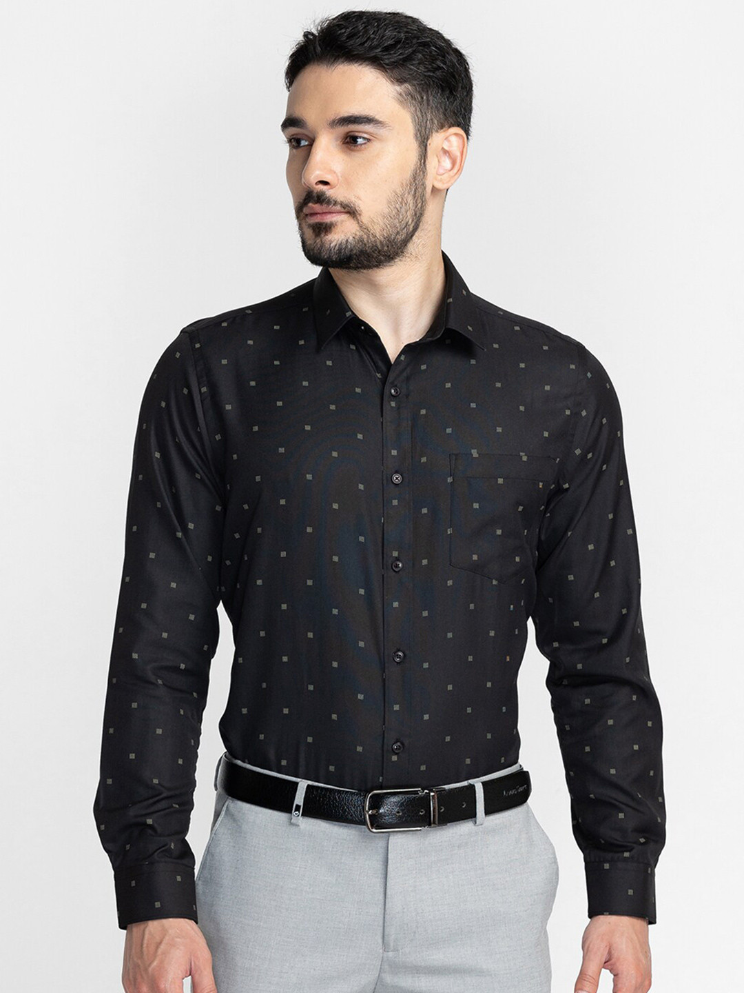 

Oxemberg Men Black Classic Slim Fit Printed Cotton Formal Shirt