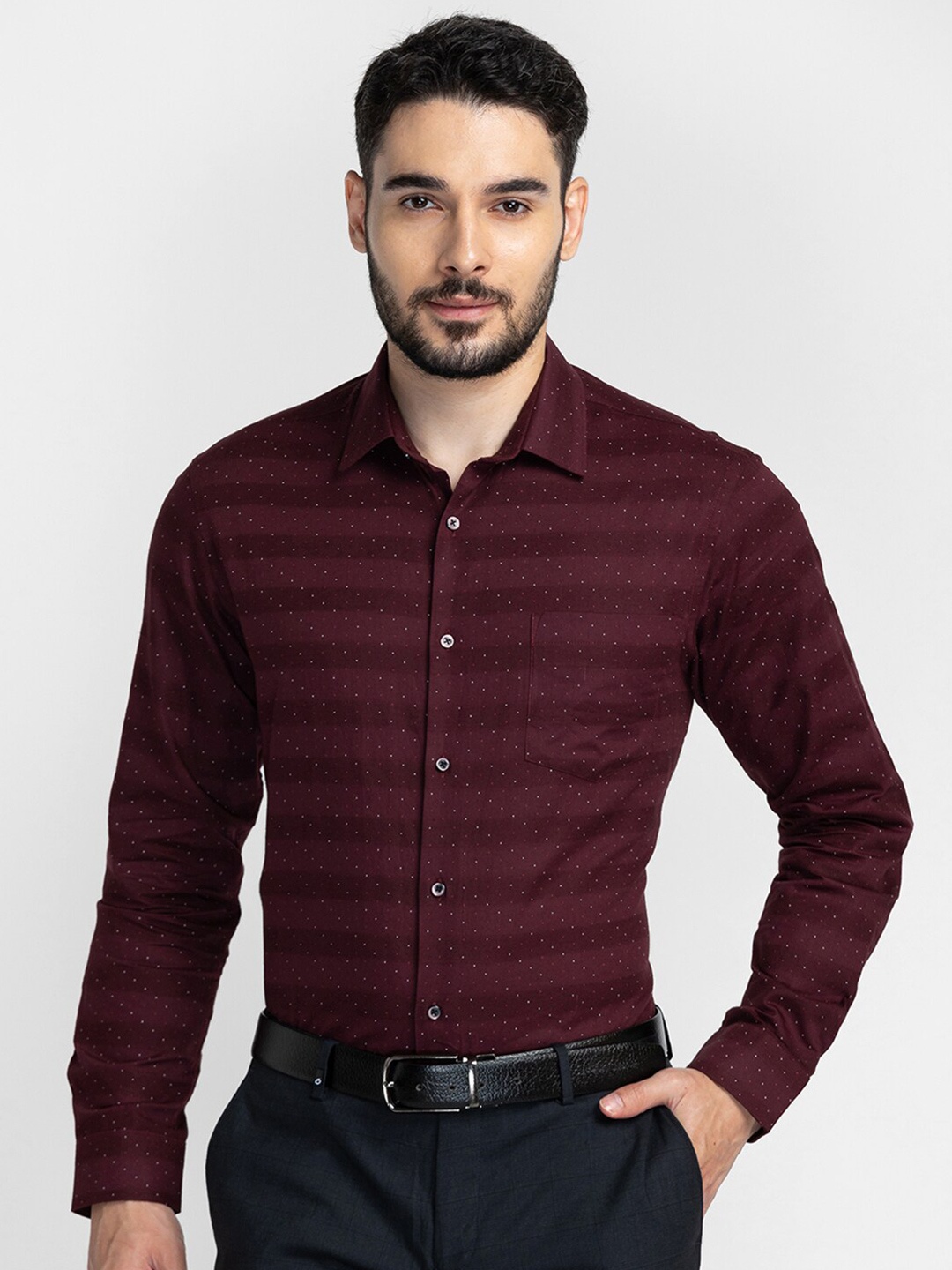 

Oxemberg Men Maroon Classic Slim Fit Horizontal Stripes Printed Formal Shirt