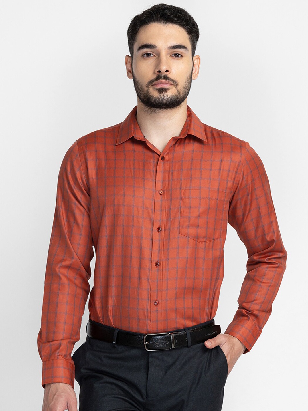 

Oxemberg Men Rust Classic Slim Fit Checked Formal Shirt