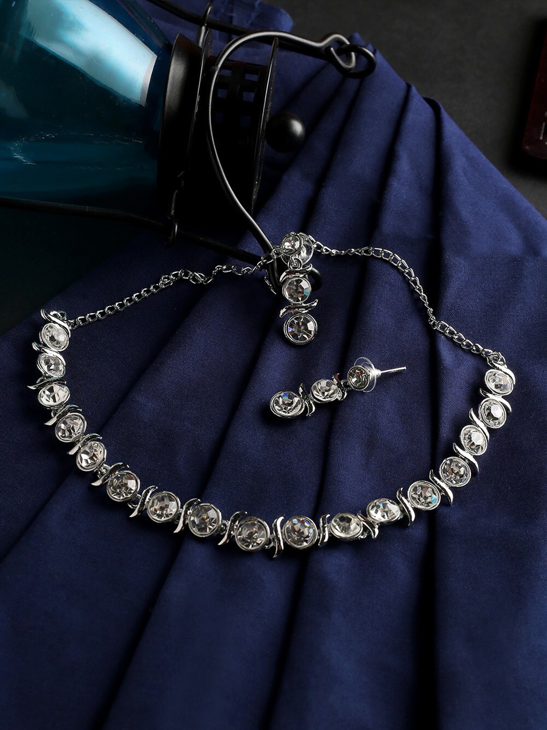 

MAD CLUB Silver-Toned Rhodium-Plated AD Stone-Studded Jewellery Set
