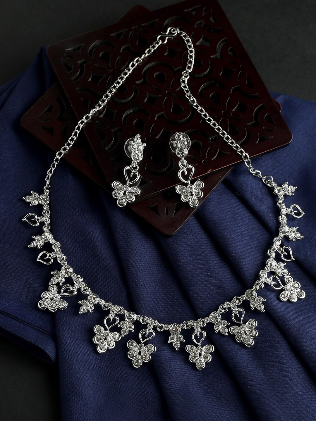 

MAD CLUB Silver-Toned Rhodium-Plated Stone Studded Jewellery Set