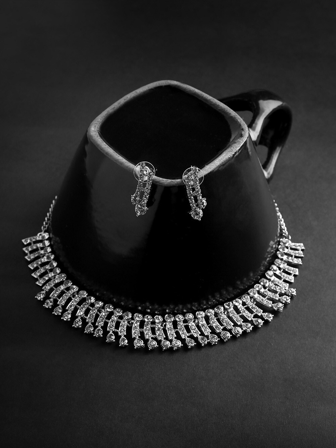 

MAD CLUB Silver-Toned Rhodium-Plated AD Stone-Studded Jewellery Set