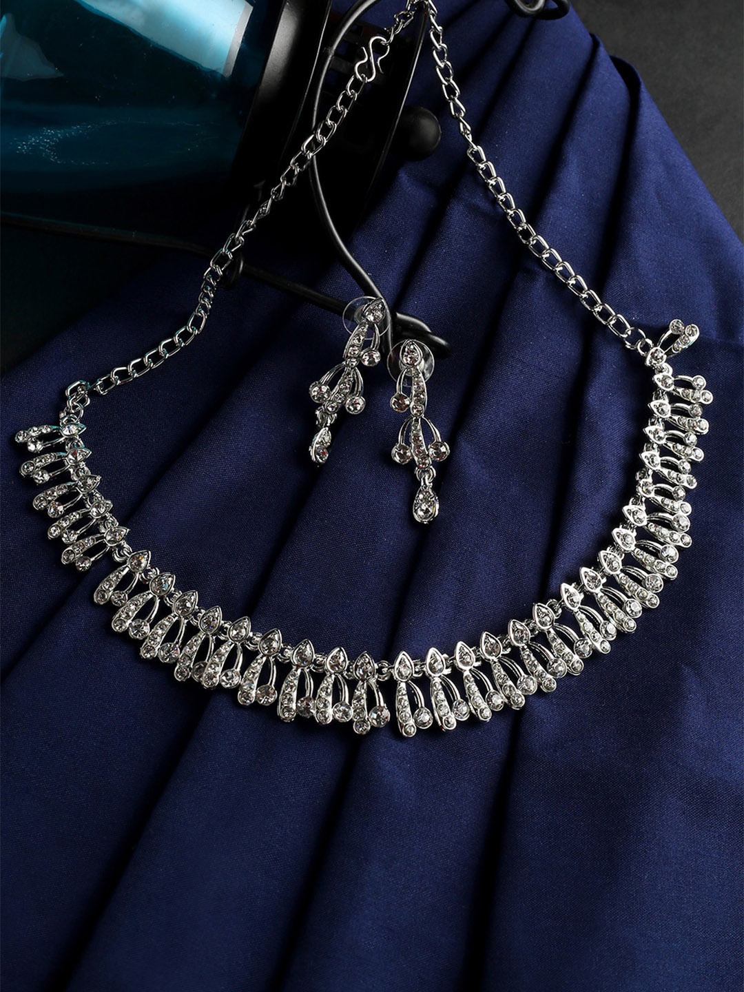 

MAD CLUB Rhodium-Plated American Diamond Studded Jewellery Set, Silver