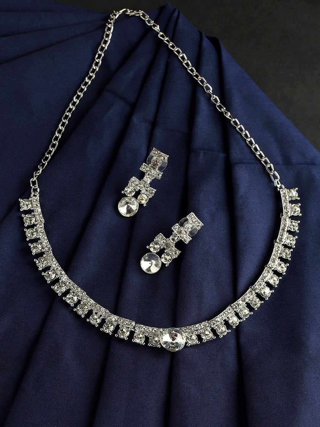 

MAD CLUB Rhodium-Plated & White AD Studded Jewellery Set, Silver