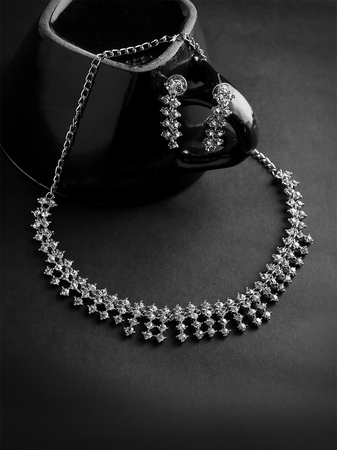 

MAD CLUB Rhodium-Plated AD-Studded & Beaded Jewellery Set, Silver