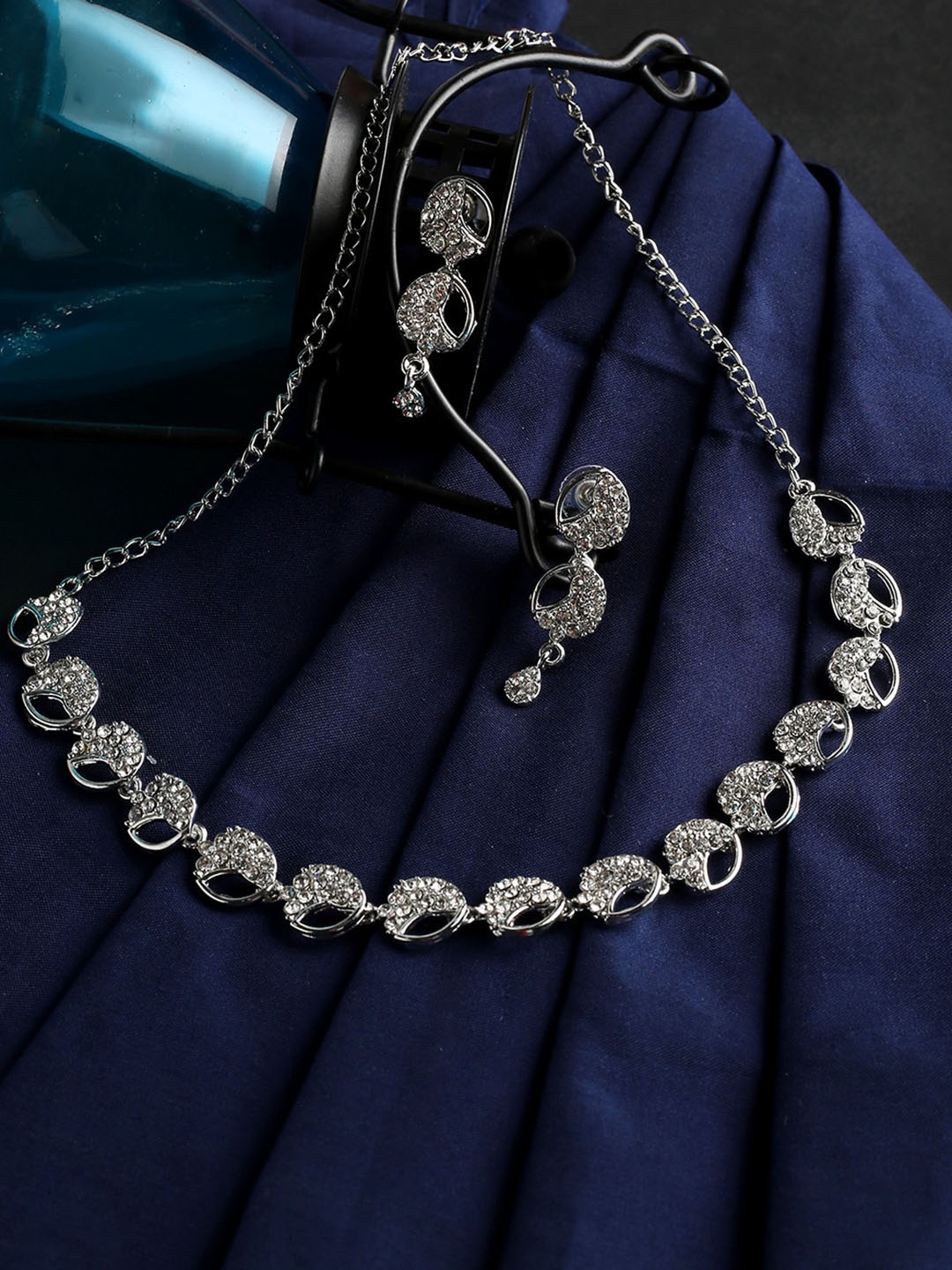

MAD CLUB Silver-Toned Rhodium-Plated AD Stone-Studded Jewellery Set