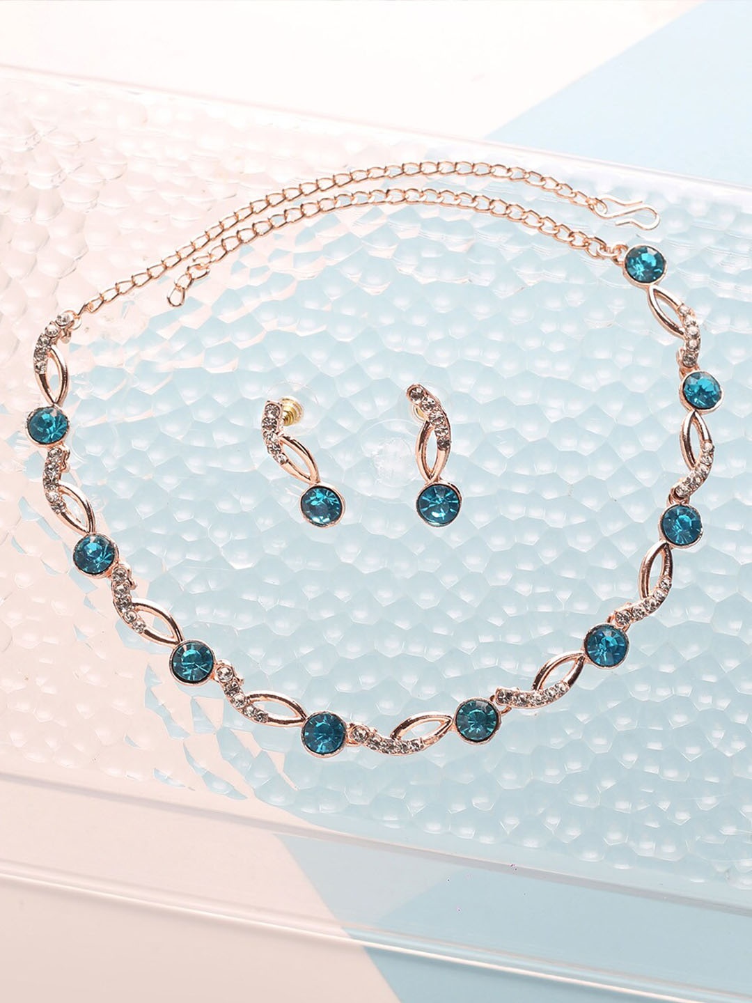 

MAD CLUB Turquoise Blue & White Gold-Plated American Diamond Studded Jewellery Set