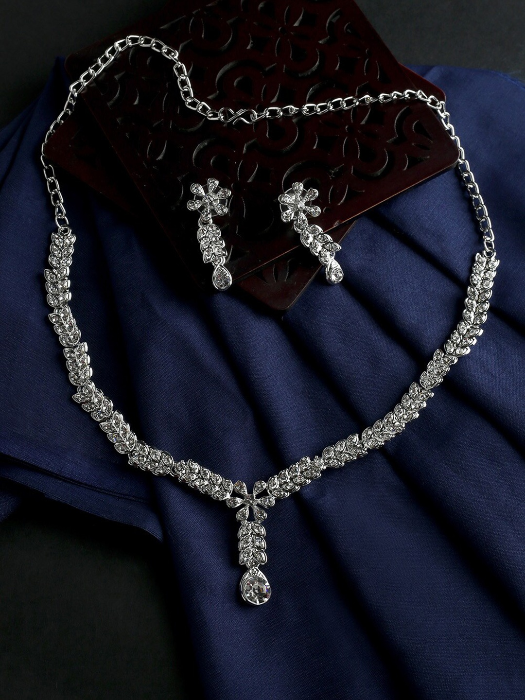 

MAD CLUB Silver-Toned Rhodium-Plated American Diamond Studded Jewellery Set