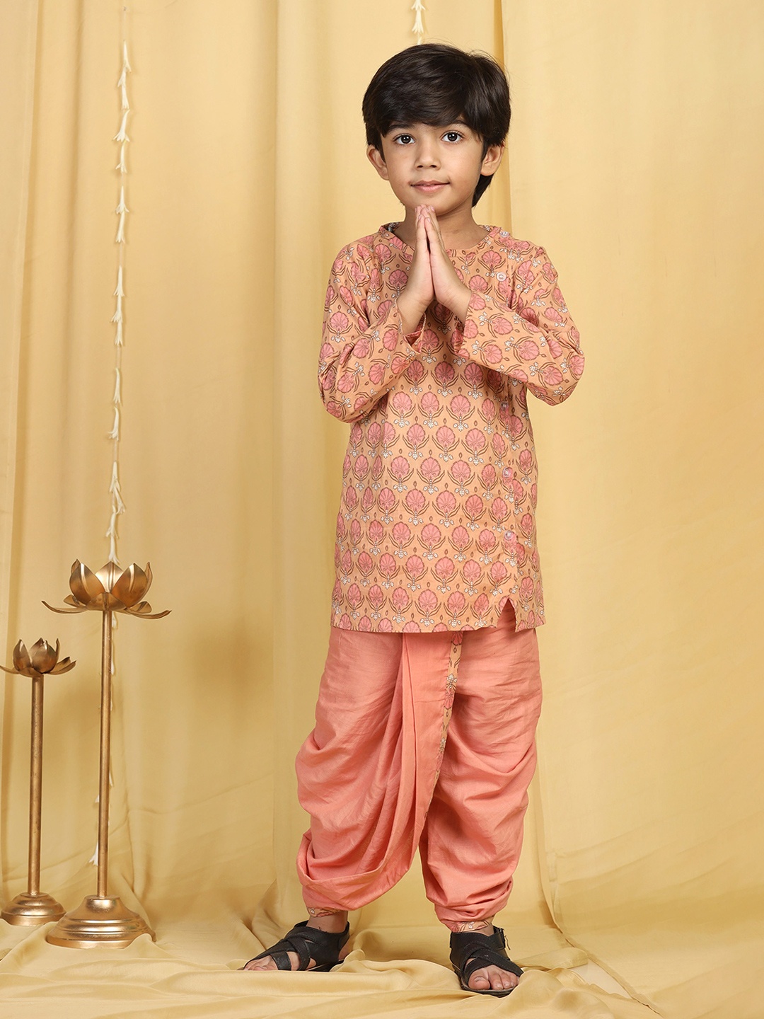 

Aj DEZInES Boys Peach & Gold Ethnic Motifs Printed Angrakha Pure Cotton Kurta & Dhoti Pant