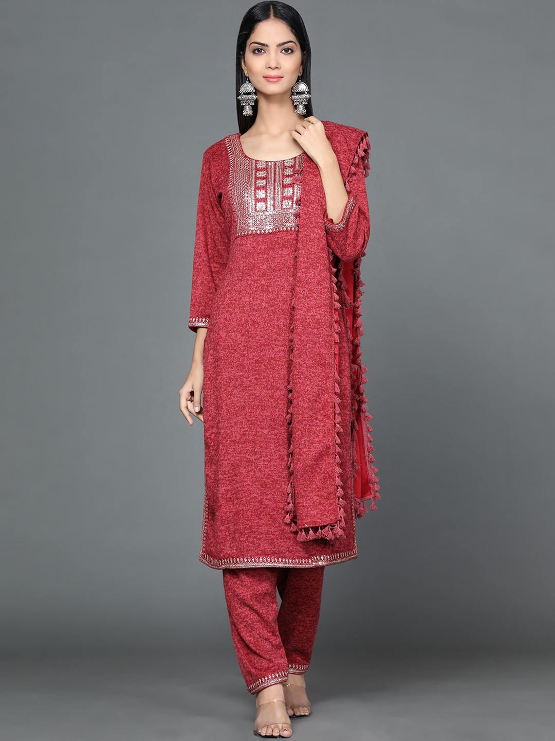 

Ziva Fashion Women Maroon Yoke Design High Slit Sequinned Pure Wool Kurta with Trousers & With Dupatta