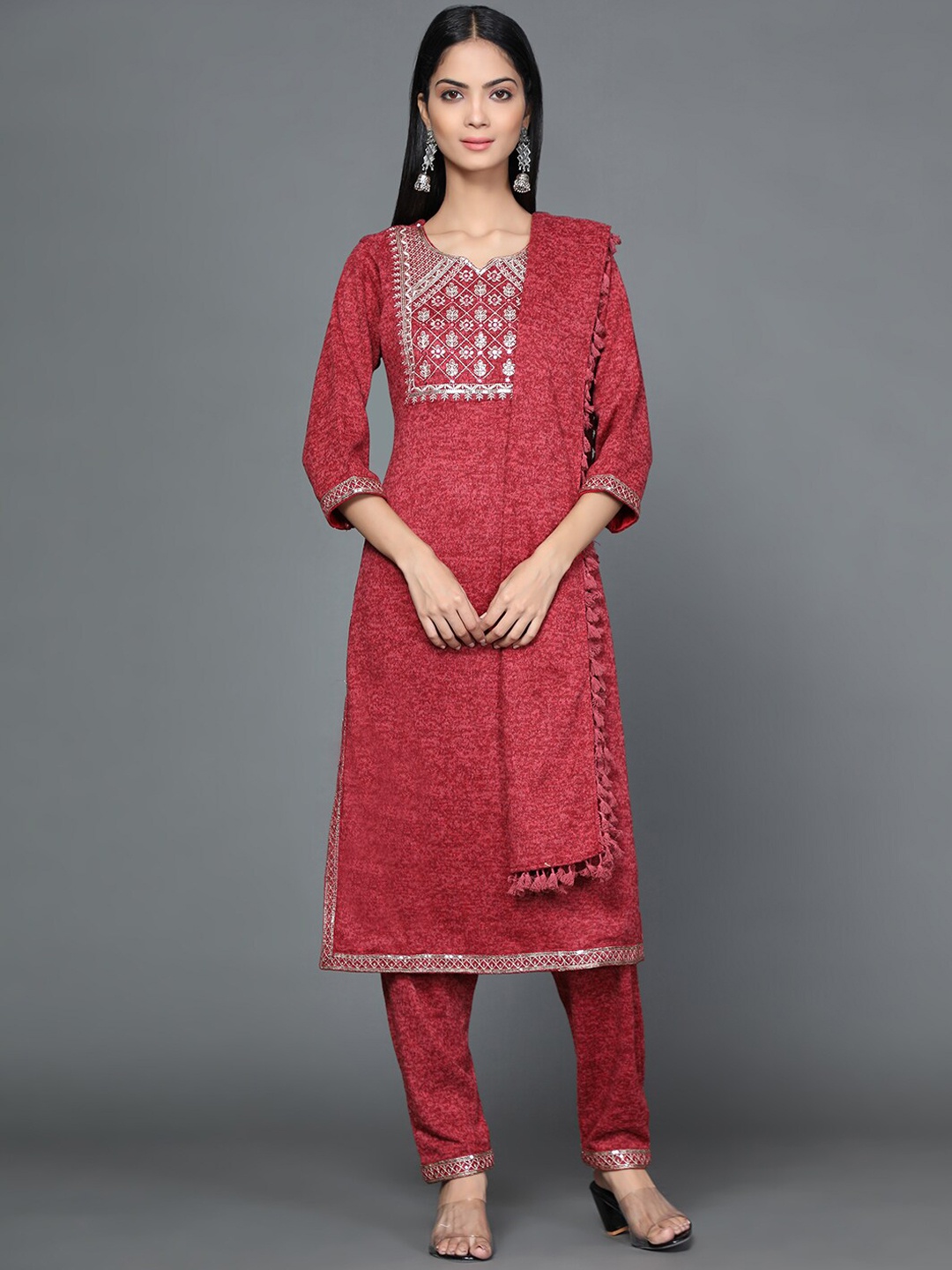 

Ziva Fashion Women Maroon Mirror Work Pure Wool Kurta With Trousers & With Dupatta