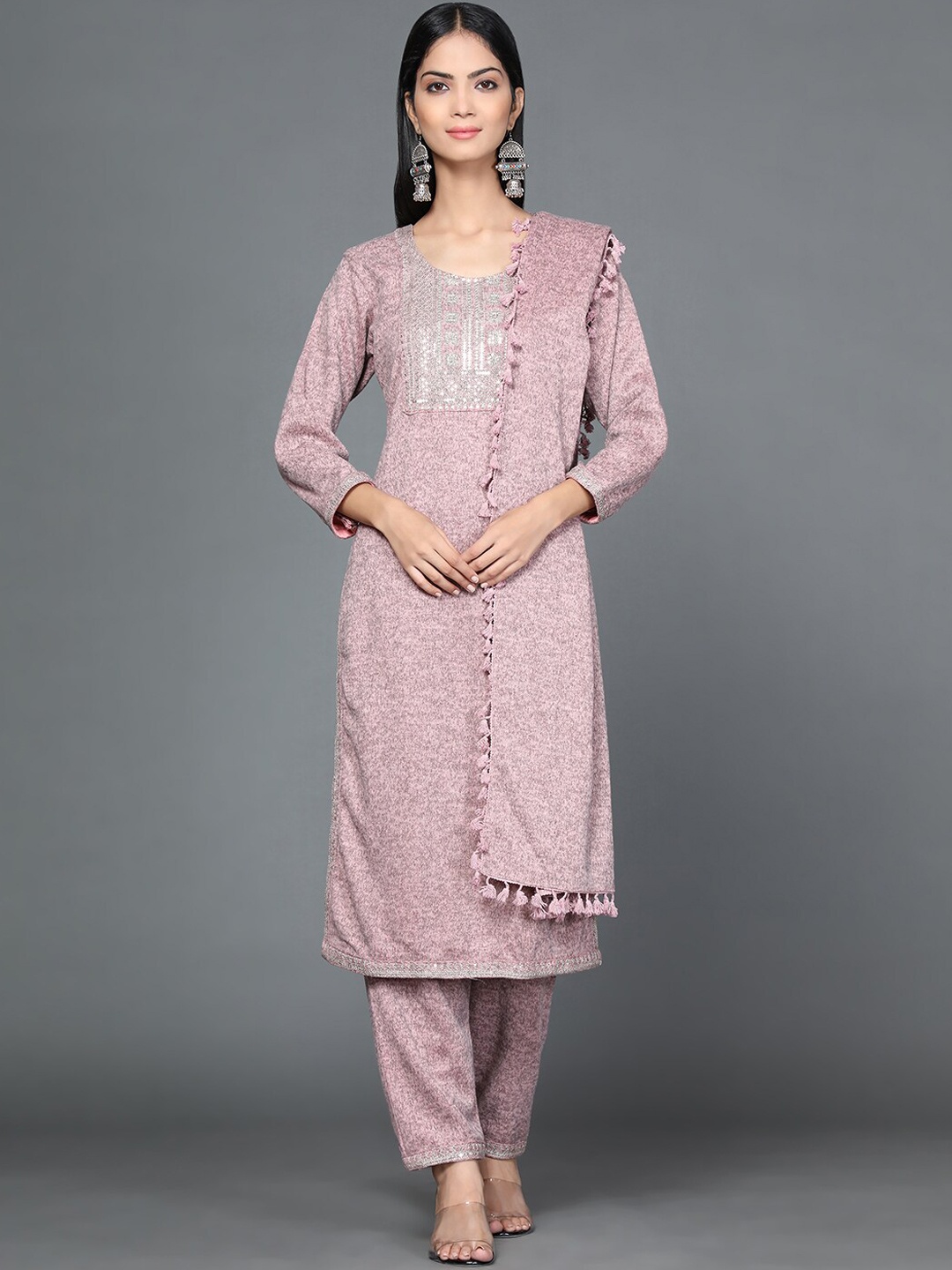 

Ziva Fashion Women Pink Sequinned Pure Wool Kurta With Trousers & With Dupatta