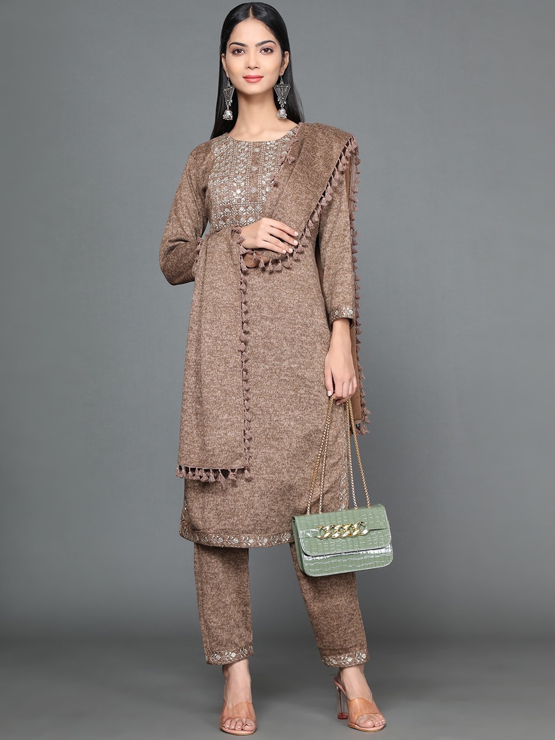 

Ziva Fashion Women Brown Thread Work Pure Wool Kurta with Trousers & With Dupatta