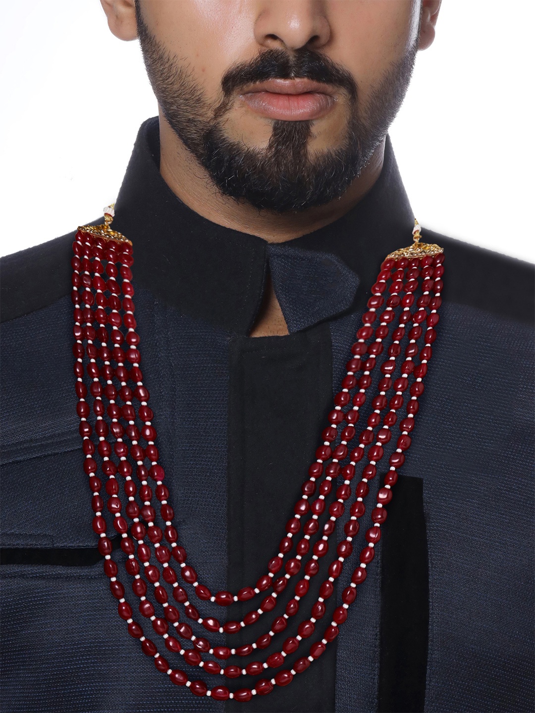 

Yellow Chimes Men Red Beads Multilayered Dulha Maala Haar Groom Necklace