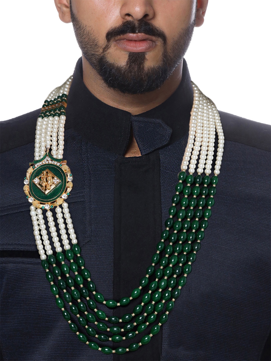 

Yellow Chimes Men Green and White Beads Multilayered Moti Dulha Mala Haar Groom Necklace