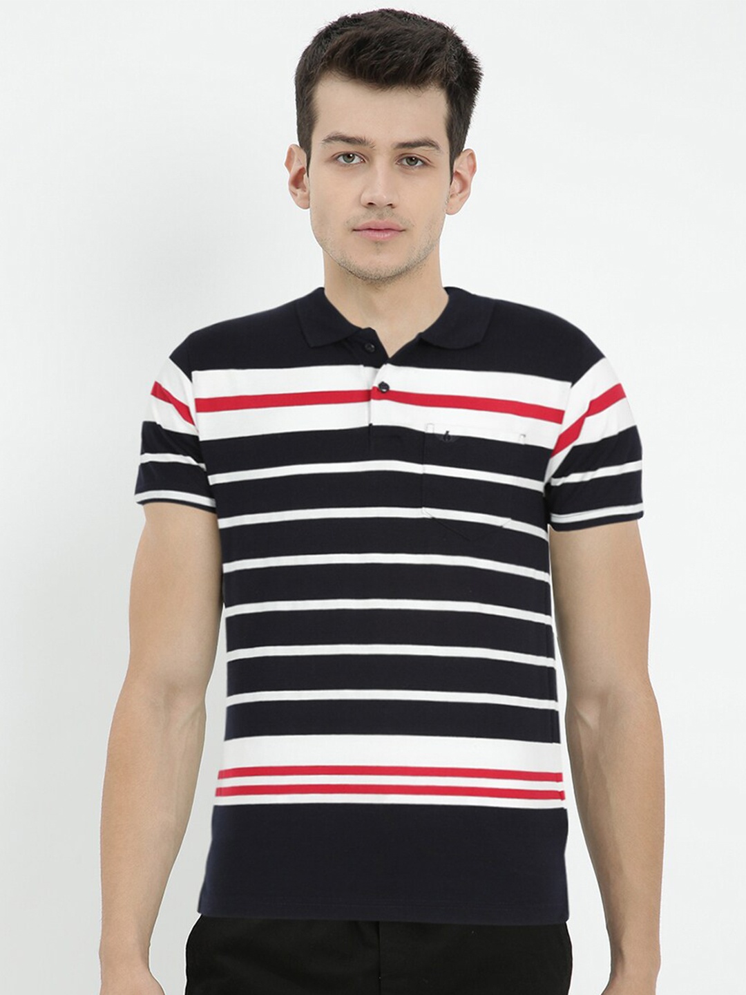

V2 Value & Variety Men Black Striped Printed Polo Collar Cotton T-shirt