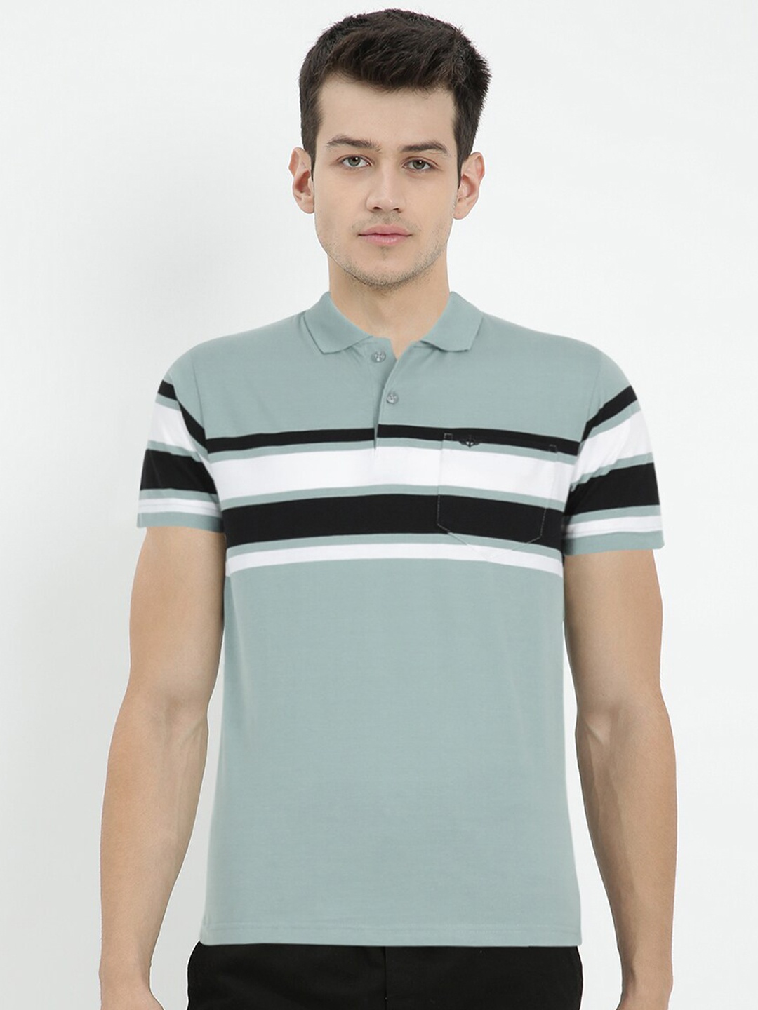

V2 Value & Variety Men Green Striped Printed Polo Collar Cotton T-shirt