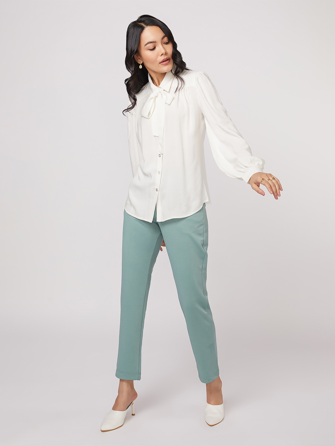 

NOT SO PINK Women Blouson Sleeve Bowtie Shirt, White