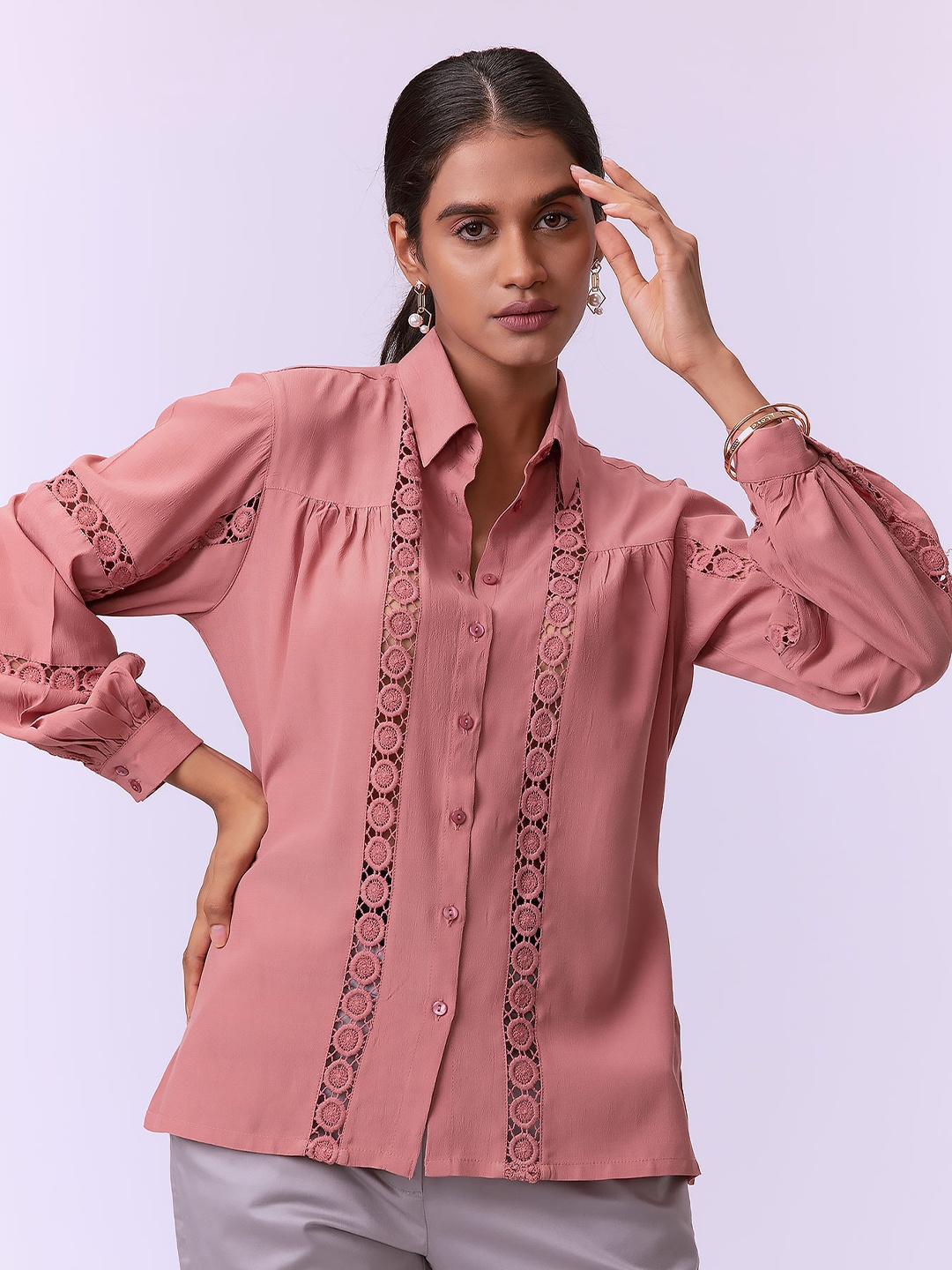 

NOT SO PINK Women Peach-Coloured Blouson Sleeve Lace Detail Shirt