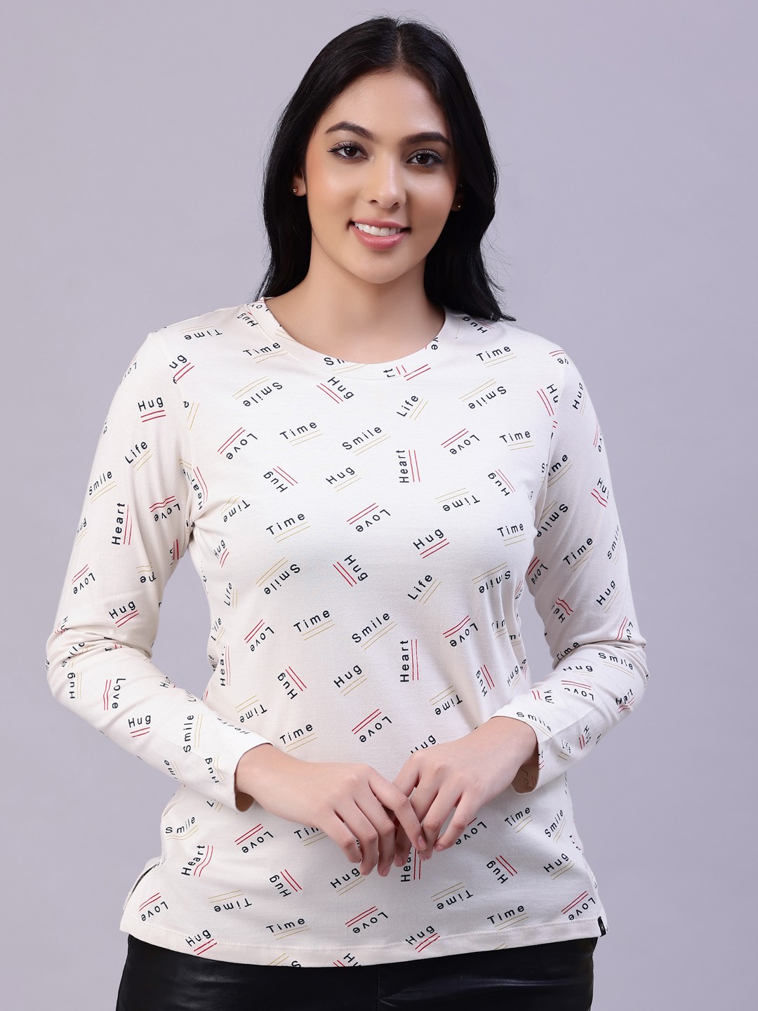 

TITTLI Women Cream-Coloured Typography Printed Cotton T-shirt